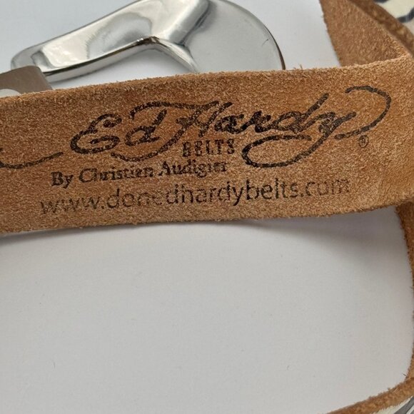 Ed Hardy Y2K Tattoo Graphic Leather Belt Rhinestone Streetwear M Medium Crystals